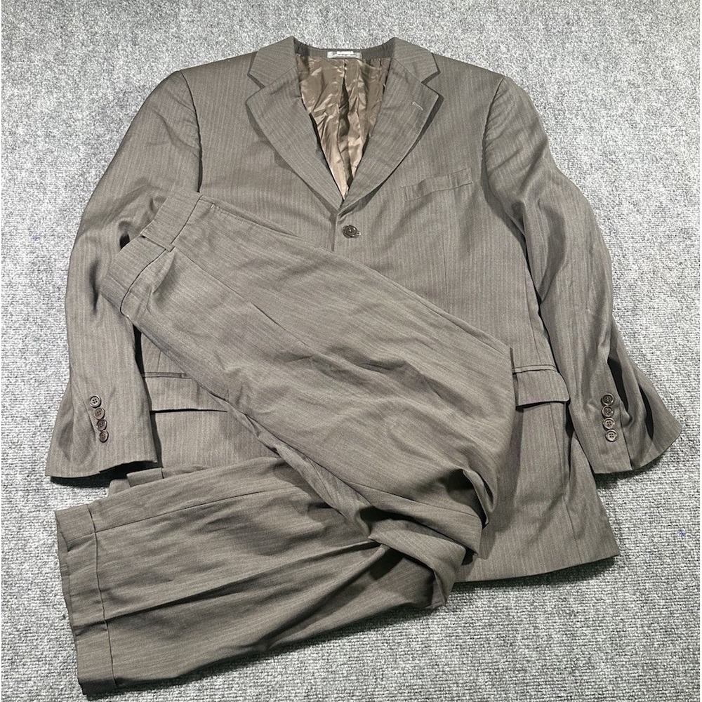 Oscar De La Renta Mens Brown Striped Wool Suit 44R Blazer 34x30 Slacks